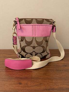 Coach Signature Monogram Crossbody Bag Tan Pink Leather